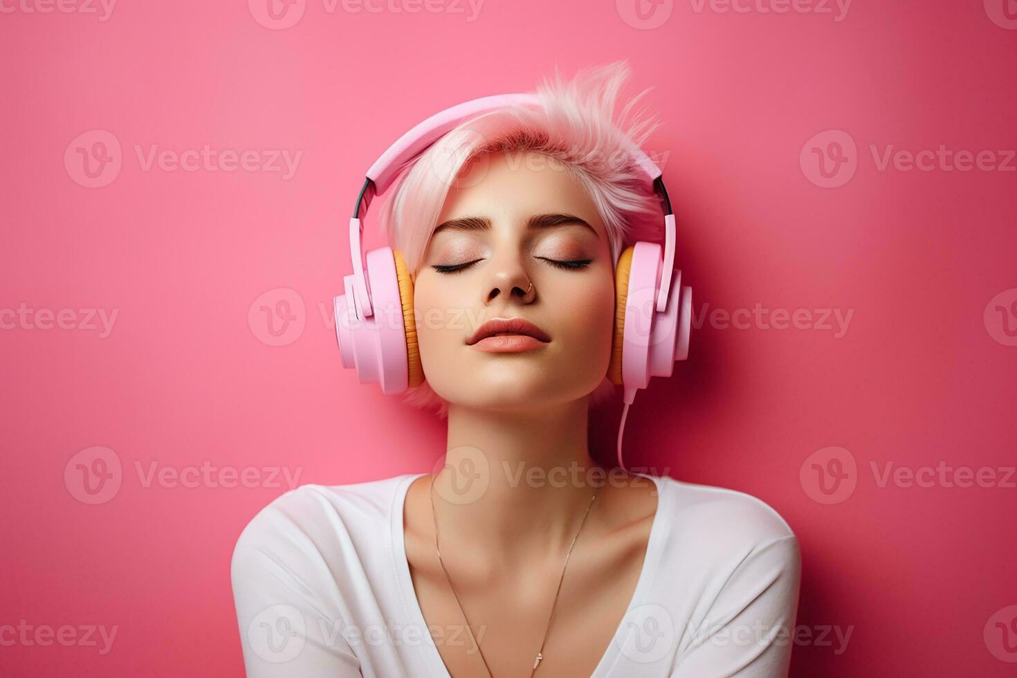 ai generado niña escuchando música en auriculares foto