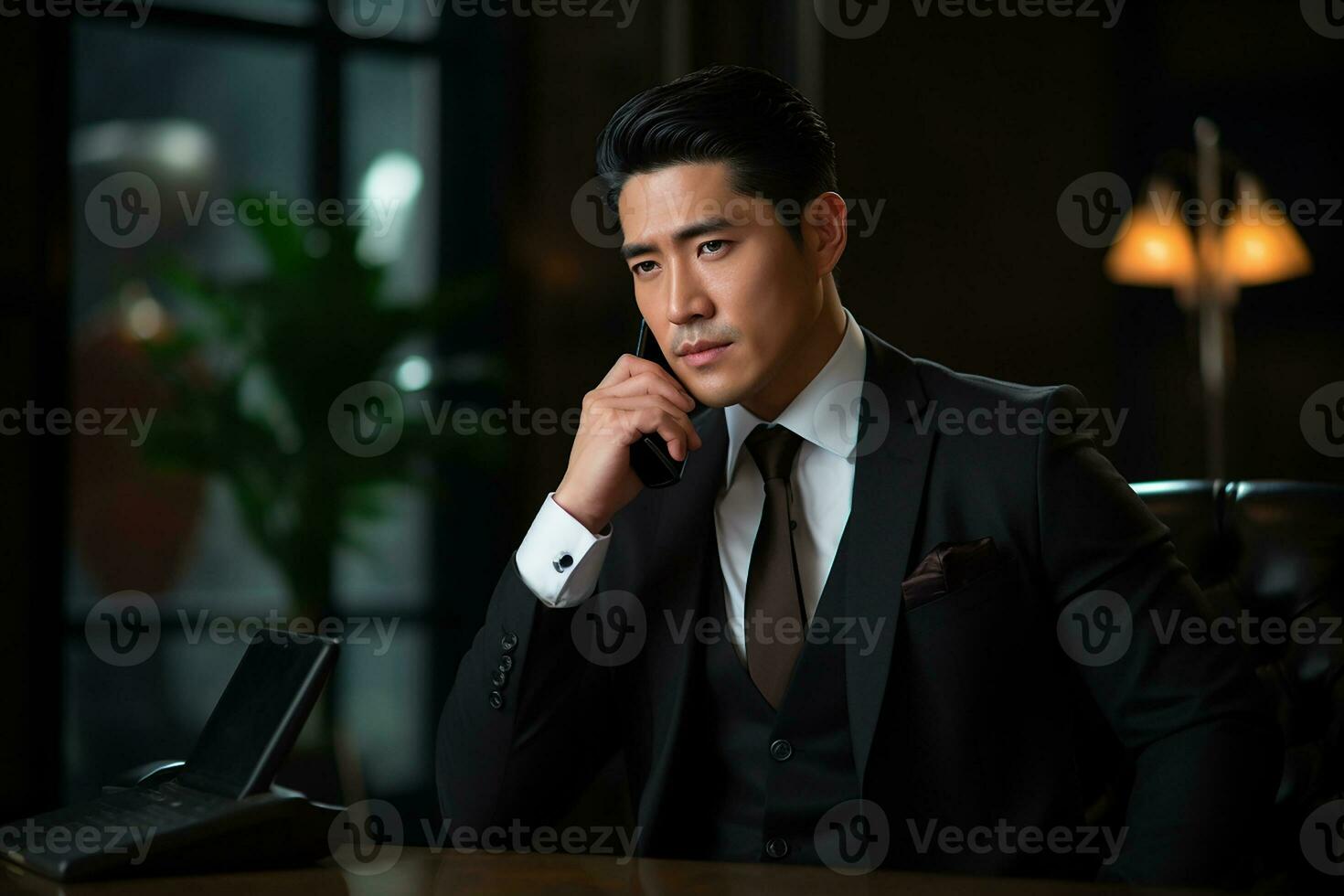 AI generated Portrait of businessman in suit speaking on smart phone at modern office building photo