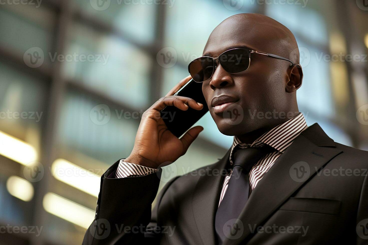 AI generated Portrait of businessman in suit speaking on smart phone at modern office building photo