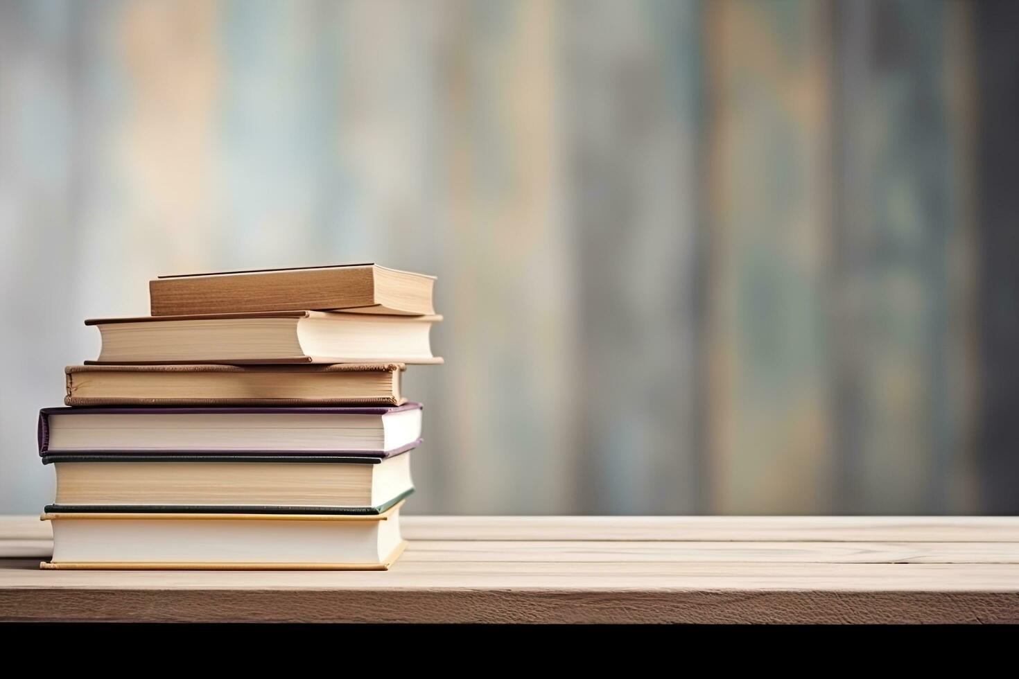 AI generated Stack of book on tabletop behind blurred background Free space. photo