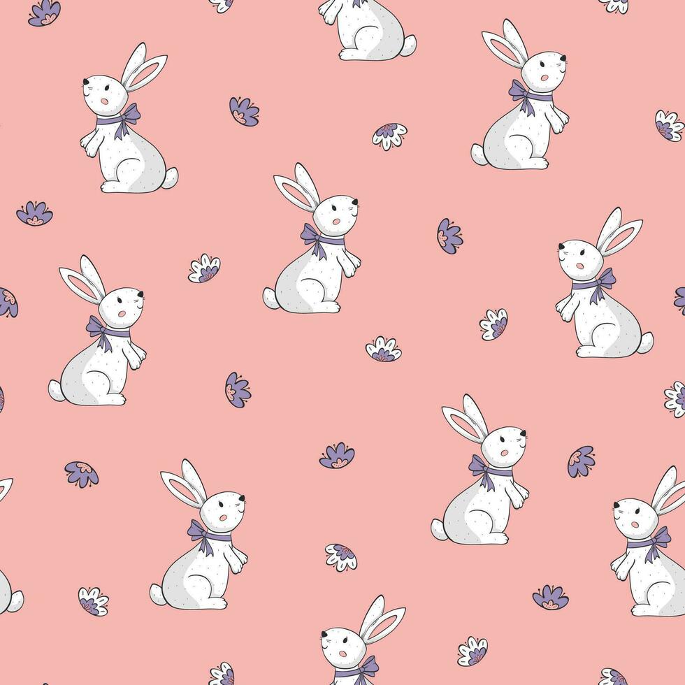 Easter bunnies seamless pattern with cute hand drawn rabbits and flowers on pink background for textile pritns, nursery, wallpaper, scrapbooking, wrapping paper, etc. EPS 10 vector