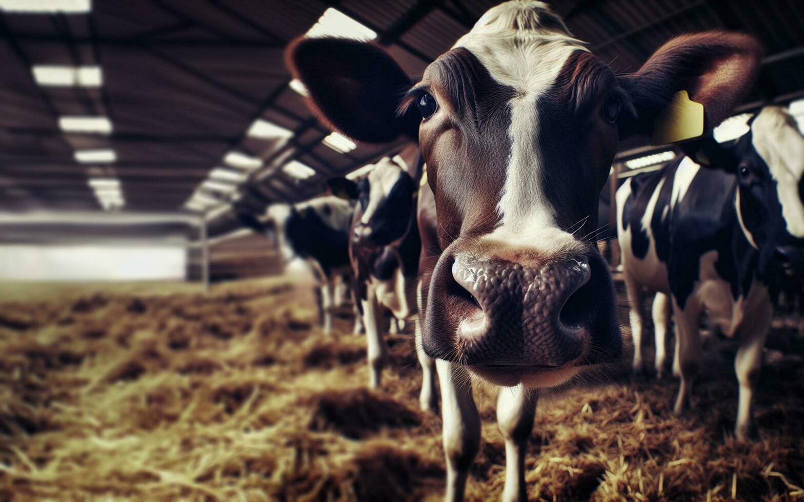 ai generado vacas granjas, Gran escala ganado producción, vacas en plumas, carne industria foto