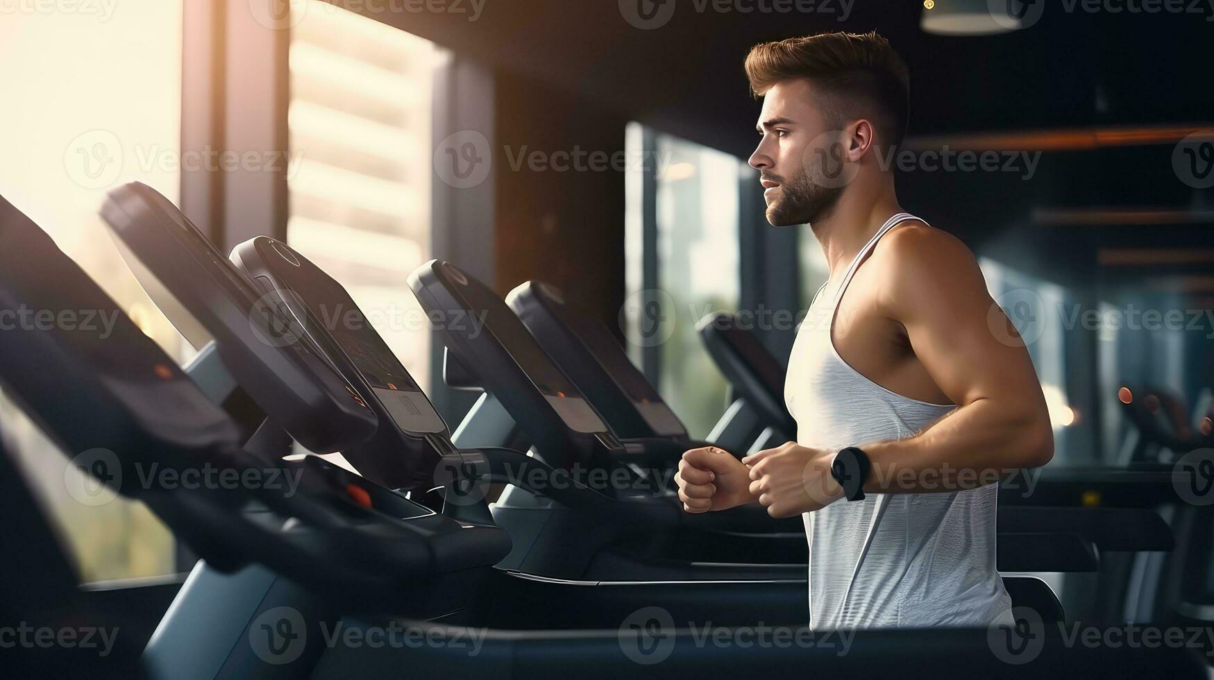 AI generated Young man running on a treadmill in a gym, Cardio routine photo