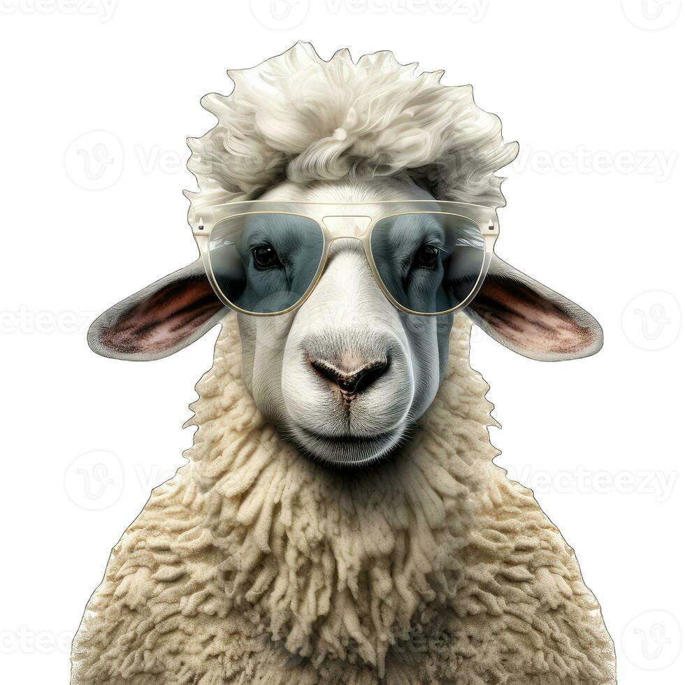 AI generated Portrait of funny sheep with glasses. Isolated on white background. photo