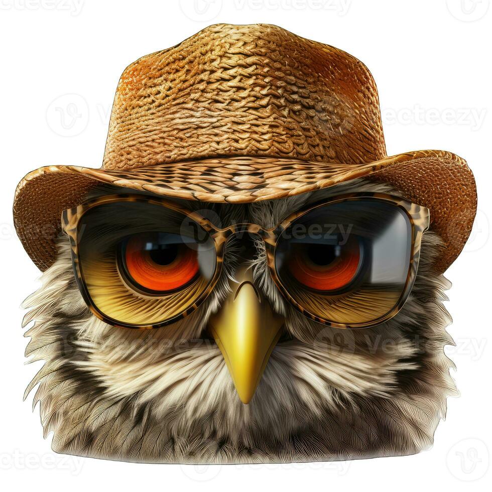 AI generated Owl in a hat and sunglasses isolated on a white background. photo