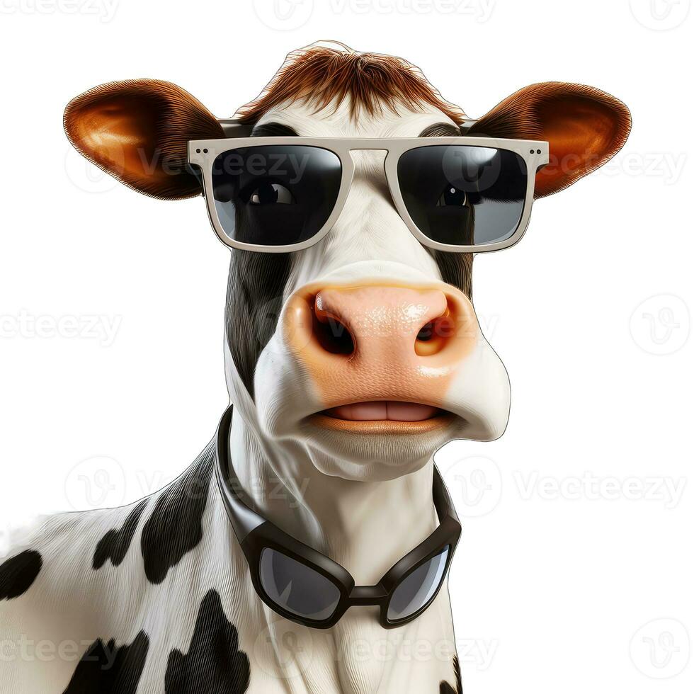 AI generated Portrait of a cow with sunglasses isolated on a white background. photo