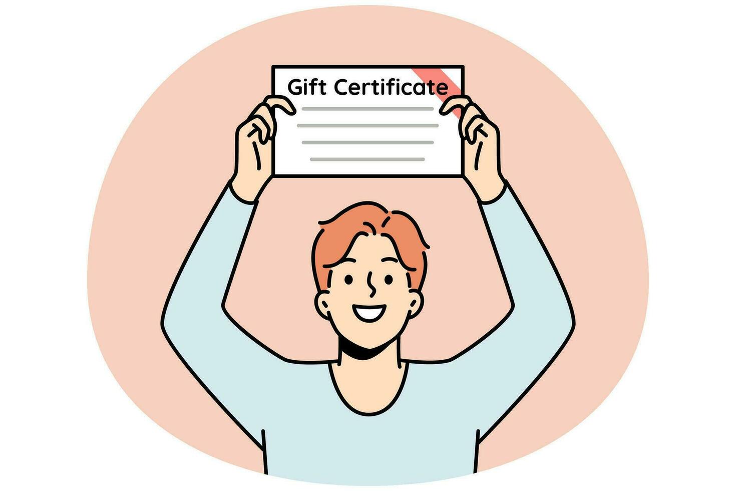 Smiling young man holding gift certificate in hands. Happy guy with paperwork document for present. Vector illustration.