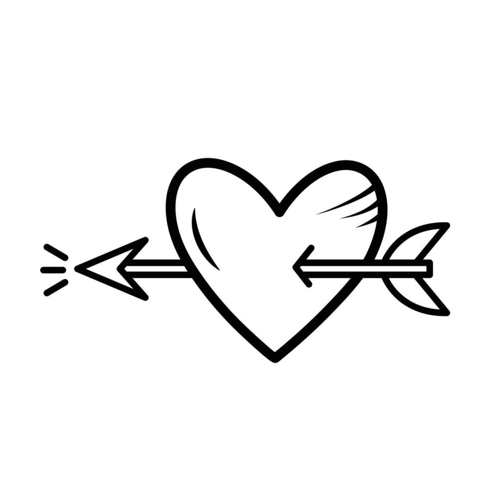 Heart pierced with cupid's arrow vector illustration icon with black outline isolated on white square background. Simple flat minimalist art styled drawing with valentine and love theme.