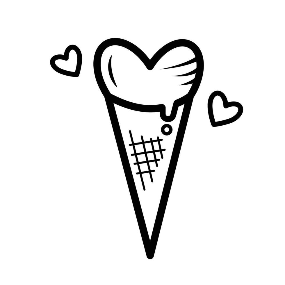 Heart shaped ice cream cone vector illustration icon with black outline isolated on white square background. Simple flat minimalist art styled sweet food drawing with valentine and love theme.