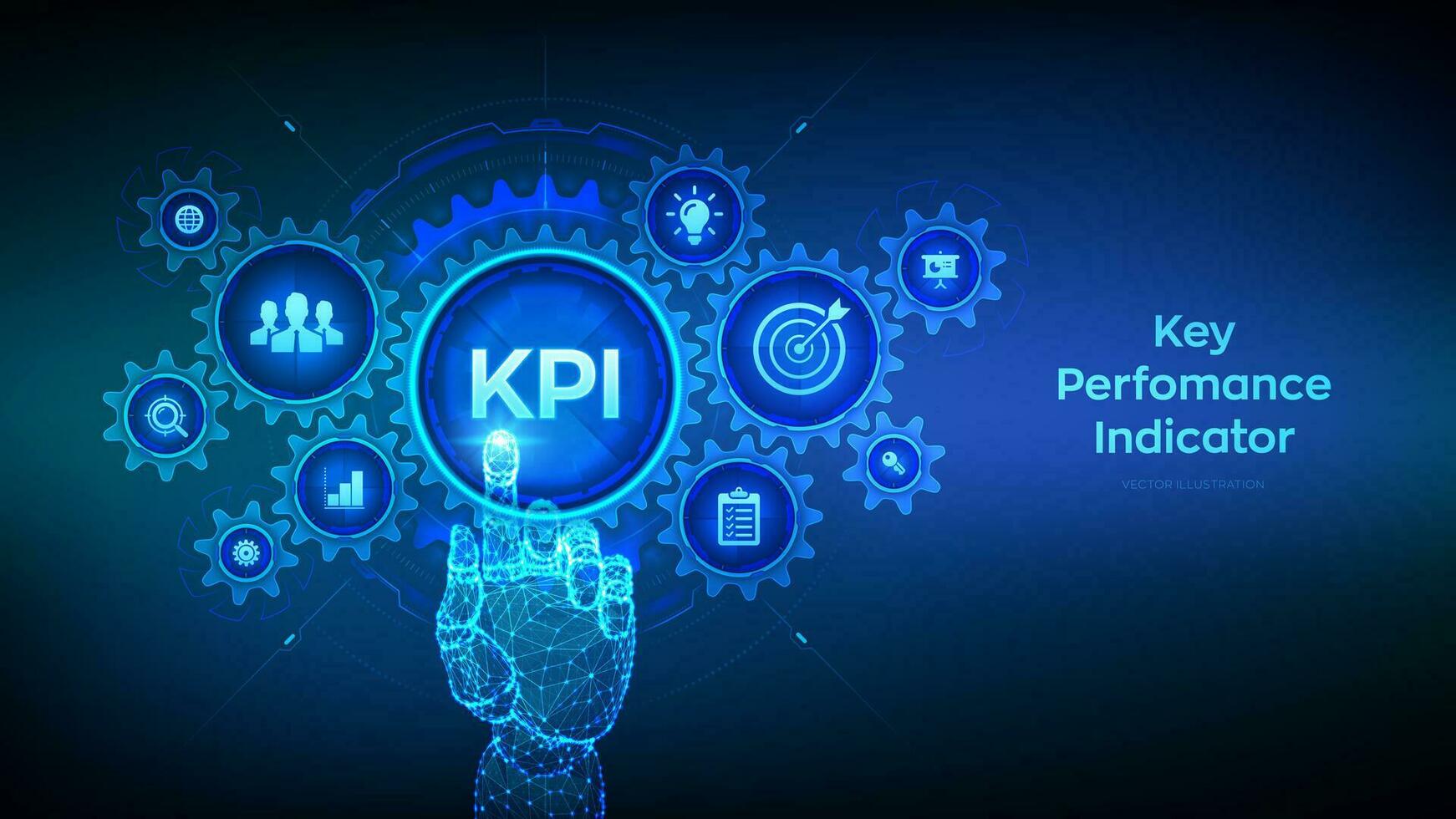 KPI. Key performance indicator business and industrial analysis technology concept on virtual screen. Wireframe hand touching digital interface with connected gears cogs and icons. Vector illustration