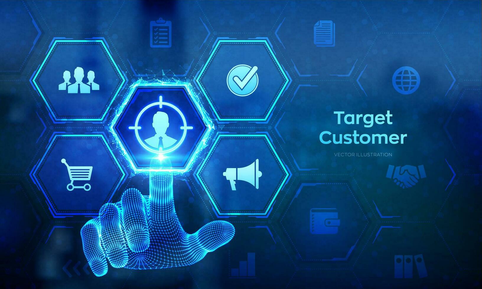 Target customer, Buyer persona, customer behavior concept on virtual screen. Marketing plan. Personalization marketing, customer centric strategies. Wireframe hand touching digital interface. Vector. vector