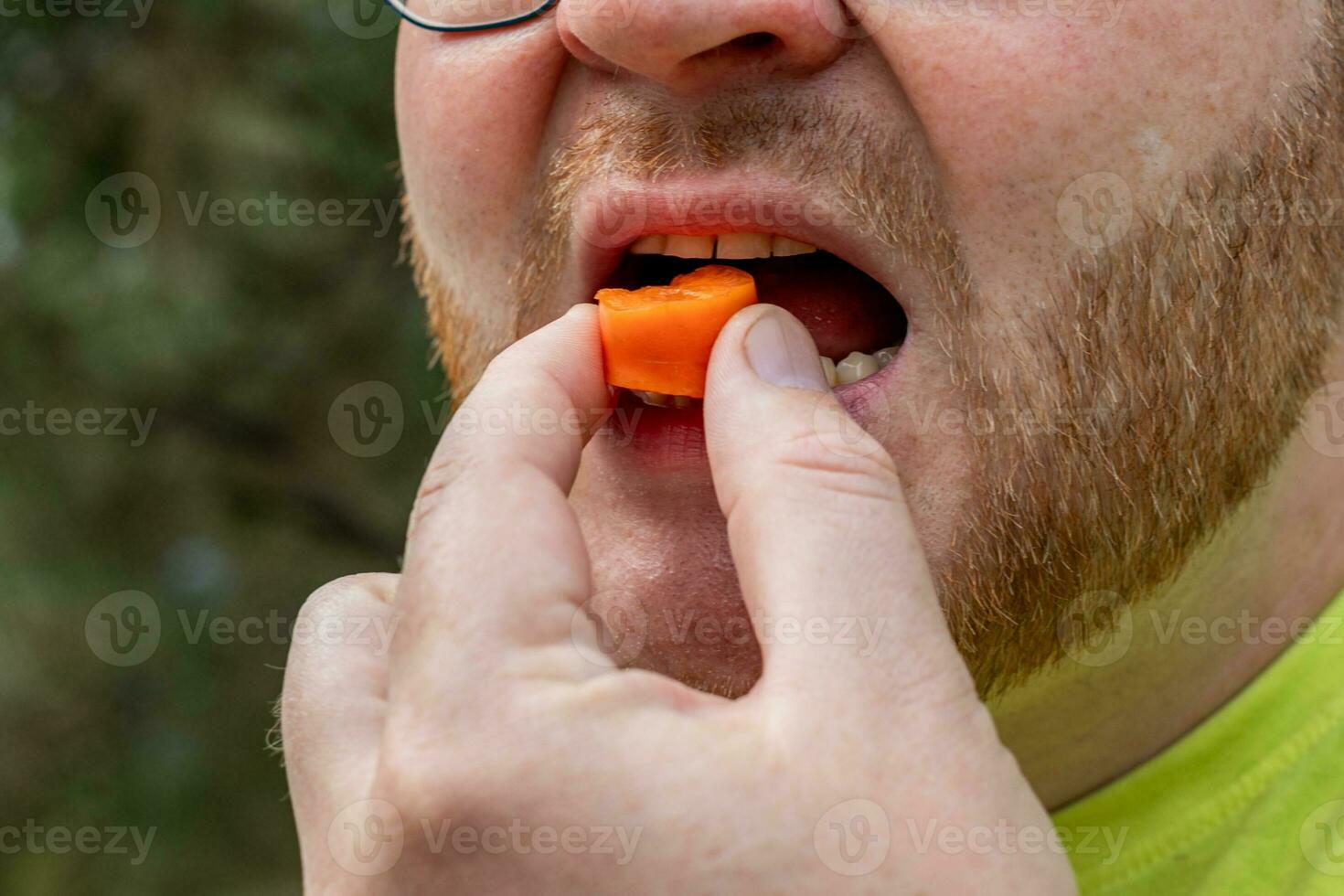 ai generado barbado hombre disfrutando Fresco Zanahoria bocadillo foto