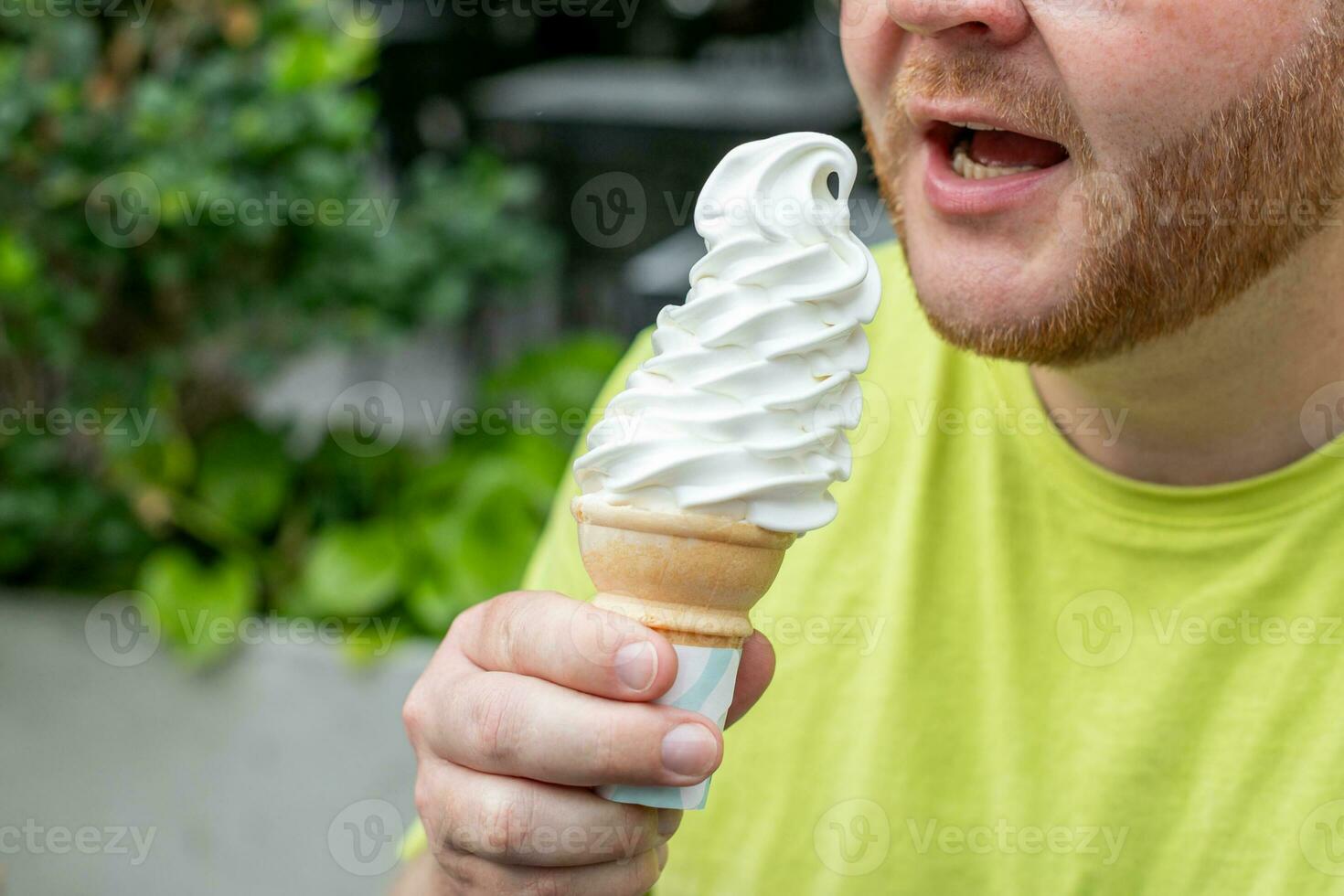 AI generated Summer Bliss Man Savoring Vanilla Cone photo