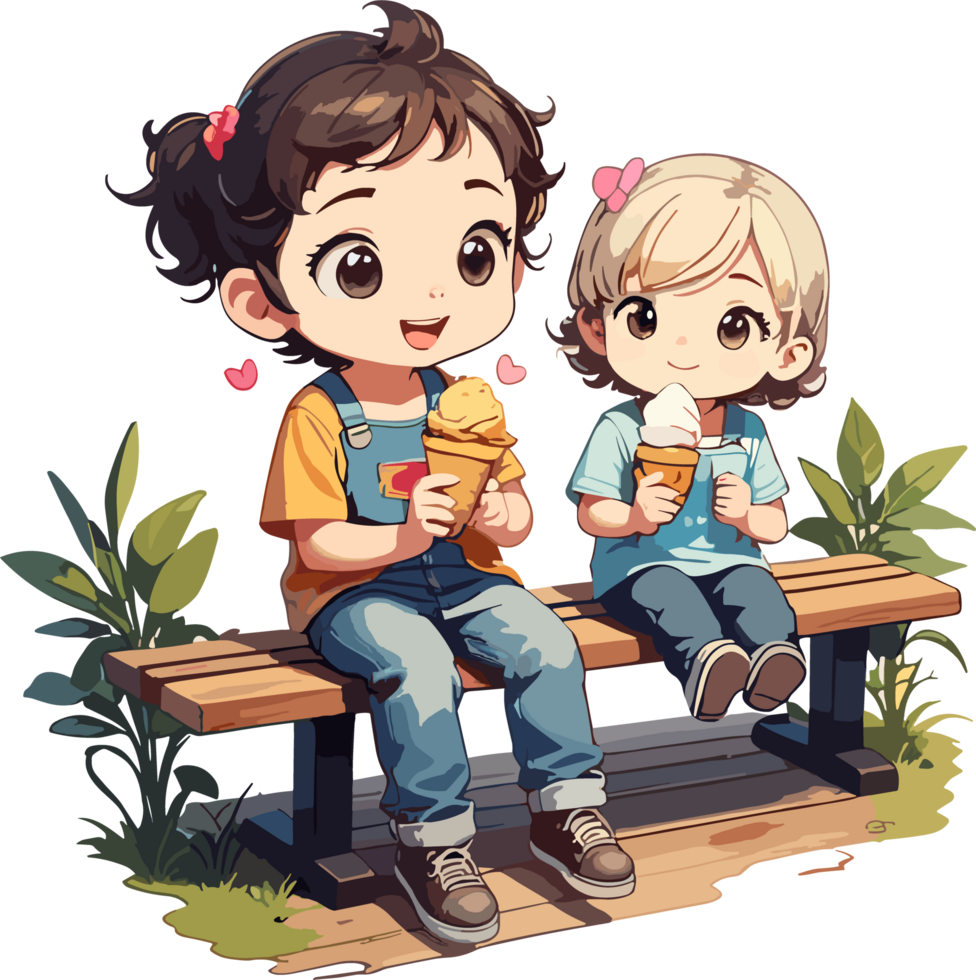 AI generated Two Child Enjoy Ice Cream on Wooden Bench Cartoon png