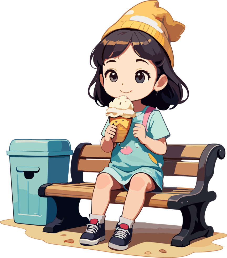 AI generated Girl Child Enjoy Her Ice Cream on Wooden Bench Image png