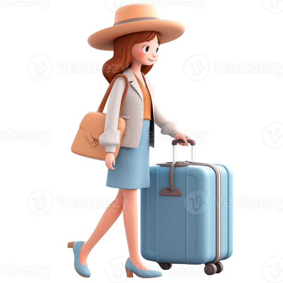 AI generated Traveling woman carrying a suitcase, 3d design. Suitable for vacation and traveling png