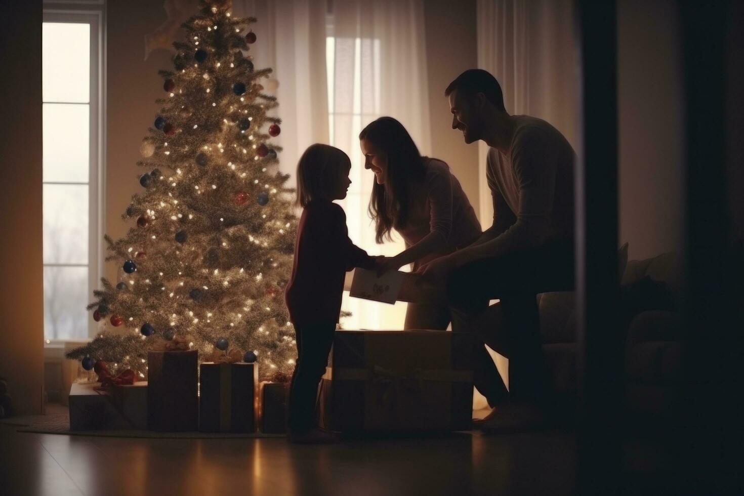 AI generated happy family with Merry Christmas magic gift near tree at evening at home photo