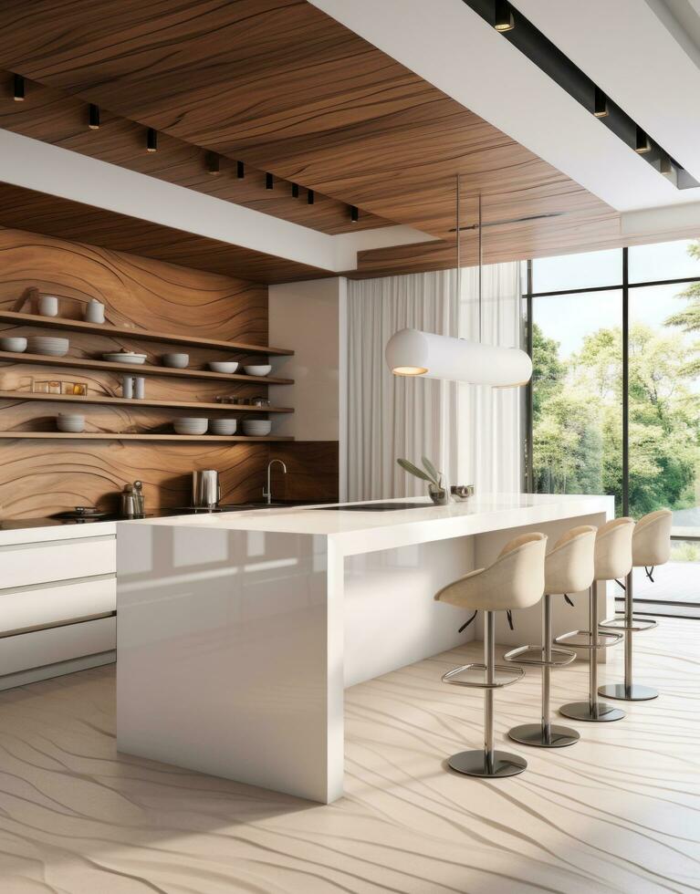 AI generated the white kitchen with wooden ceilings and white walls photo