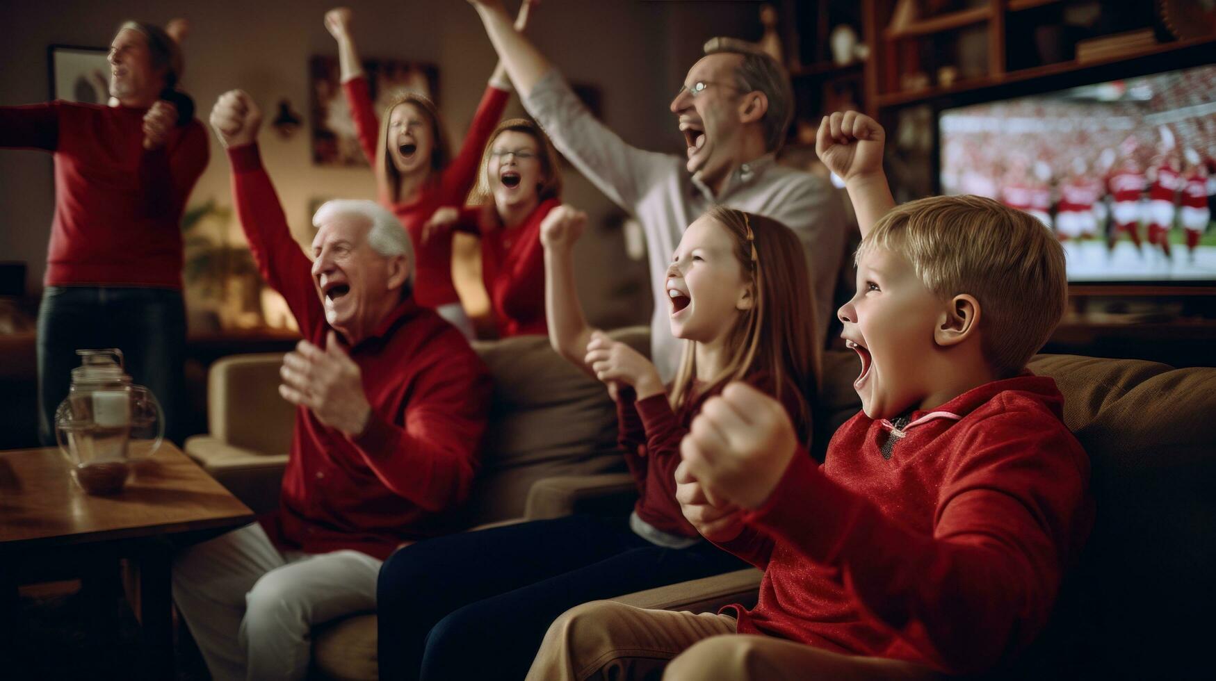 AI generated An extended family of grandparents, parents, and kids gathered around a large screen TV, photo