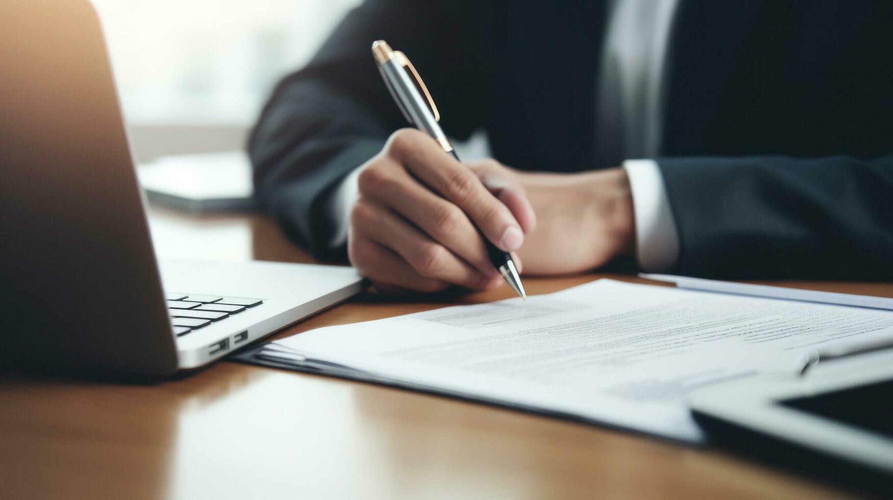 AI generated person hand holding a pen, signing a contract on desk with a laptop and coffee cup in the background photo