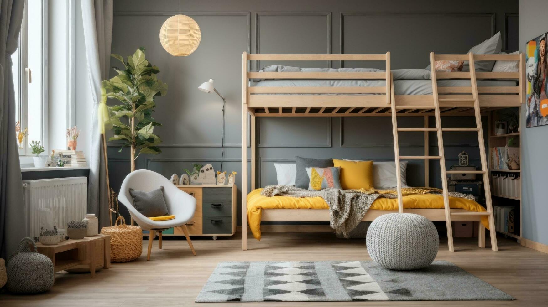AI generated A cozy children's room with a gray accent wall, a wooden loft bed with a ladder photo