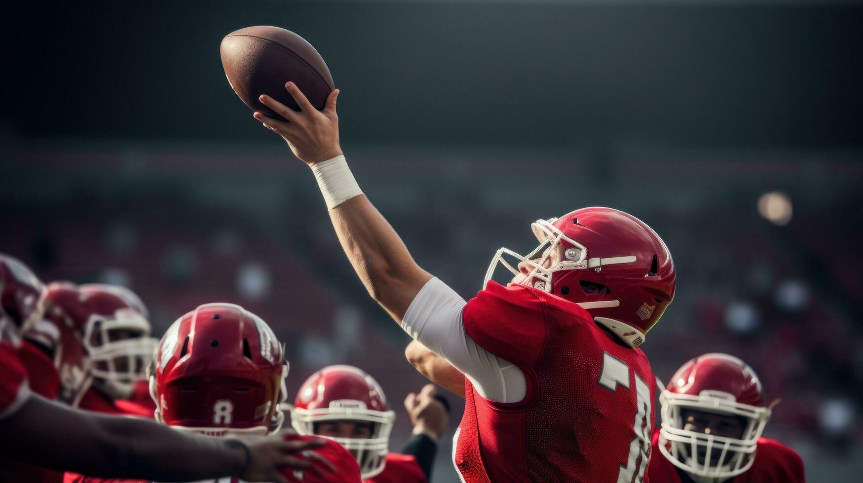 AI generated A football quarterback throwing a pass, with the ball in