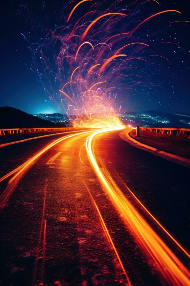 AI generated An artistic photo of fireworks with a long exposure, creating a beautiful trail of lights in the sky.