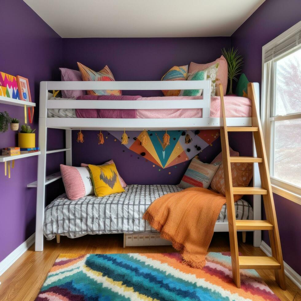 AI generated children's room with a purple accent wall, a wooden bunk bed with a ladder photo