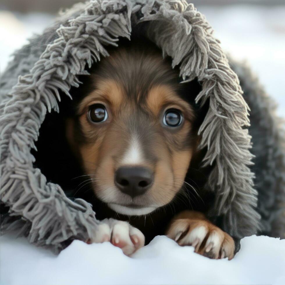 AI generated pet dog peeks out from under a cozy knit blanket, with a snowy landscape visible in the background photo