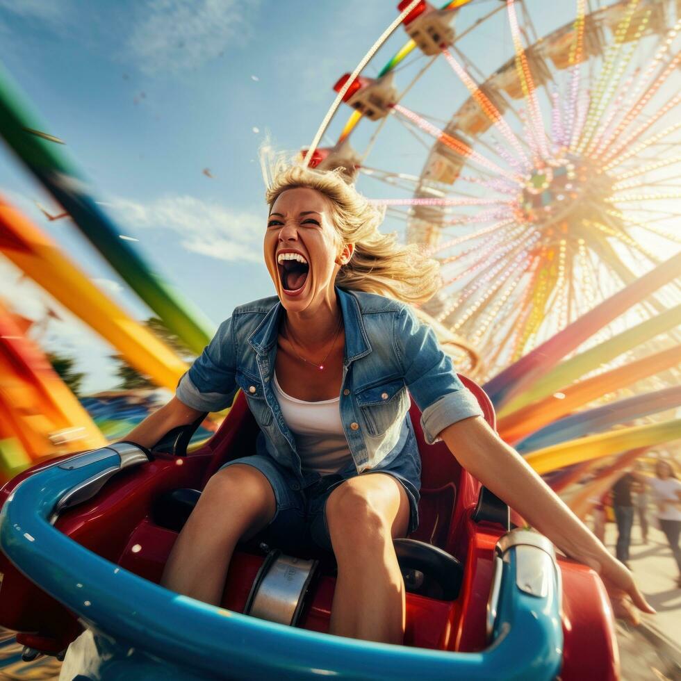 ai generado emoción de carnaval paseos en contra un vibrante antecedentes foto