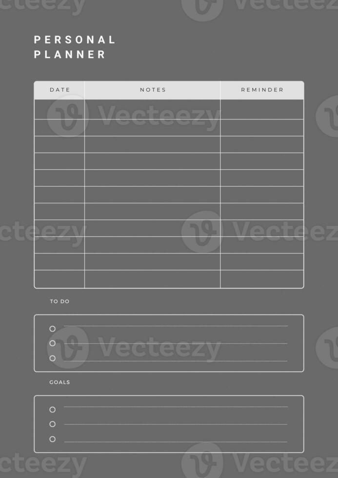 Notebook pages for notes, goals and to do list. Personal planner page template. Weekly schedule page. photo