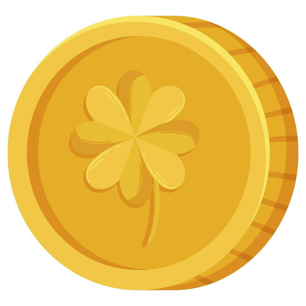 St. Patricks Day gold coin with four-leaves clover or shamrock vector