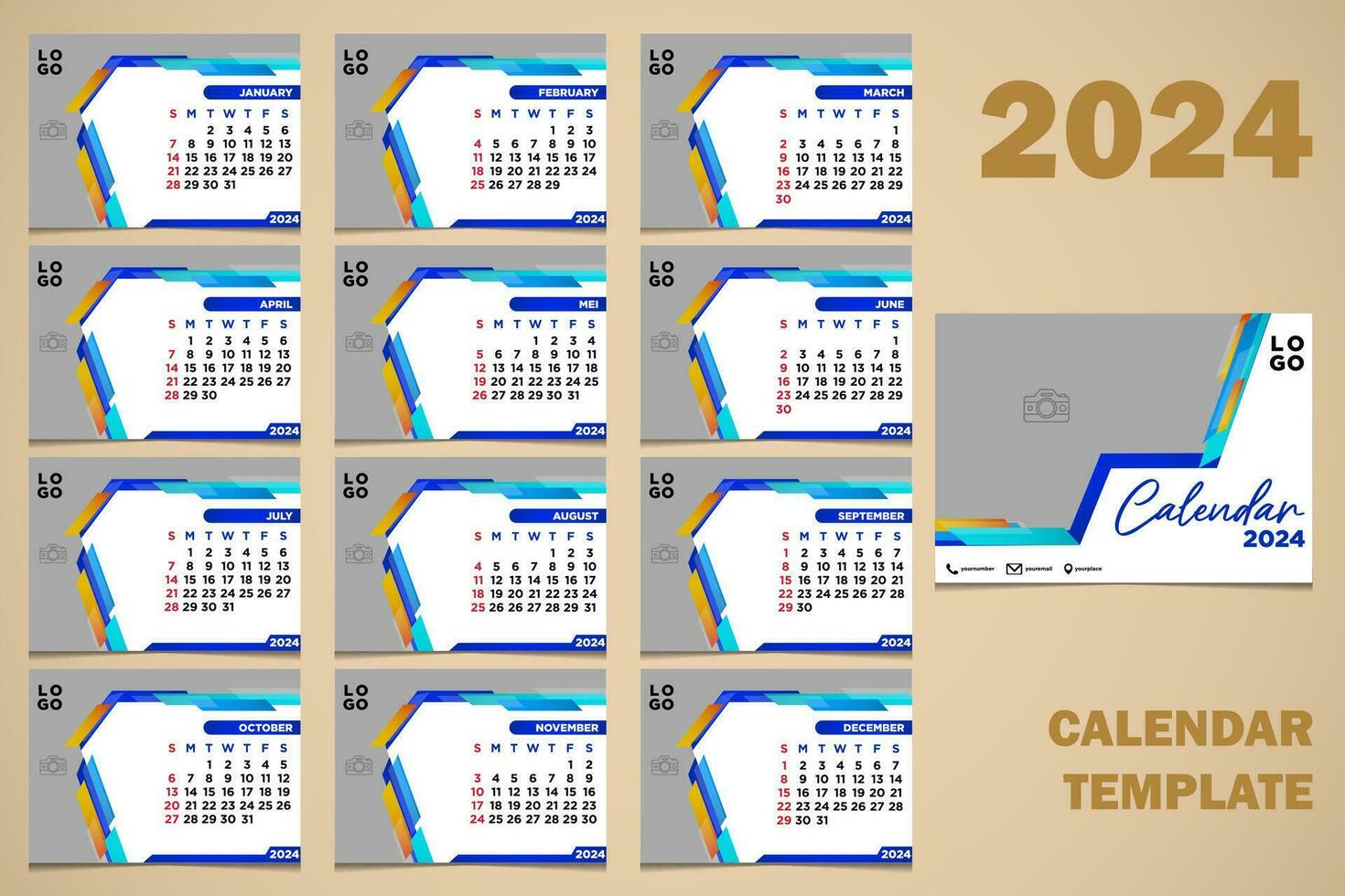 Vector Desk Calendar 2024 Abstract Blue Color Template