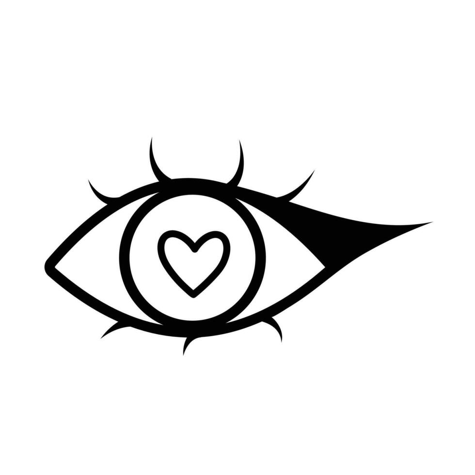 Eye with heart pupil and winged eyeliner vector illustration icon with black outline isolated on white square background. Simple flat minimalist art styled drawing with valentine and love theme.