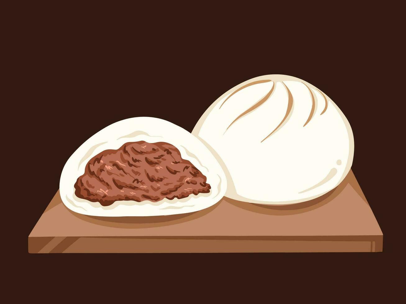 Meat bun with minced chicken or pork meat. Steamed pork buns bakpao bao zi chinese dim sum vector food illustration isolated on horizontal dark background. Simple flat cartoon dish drawing.