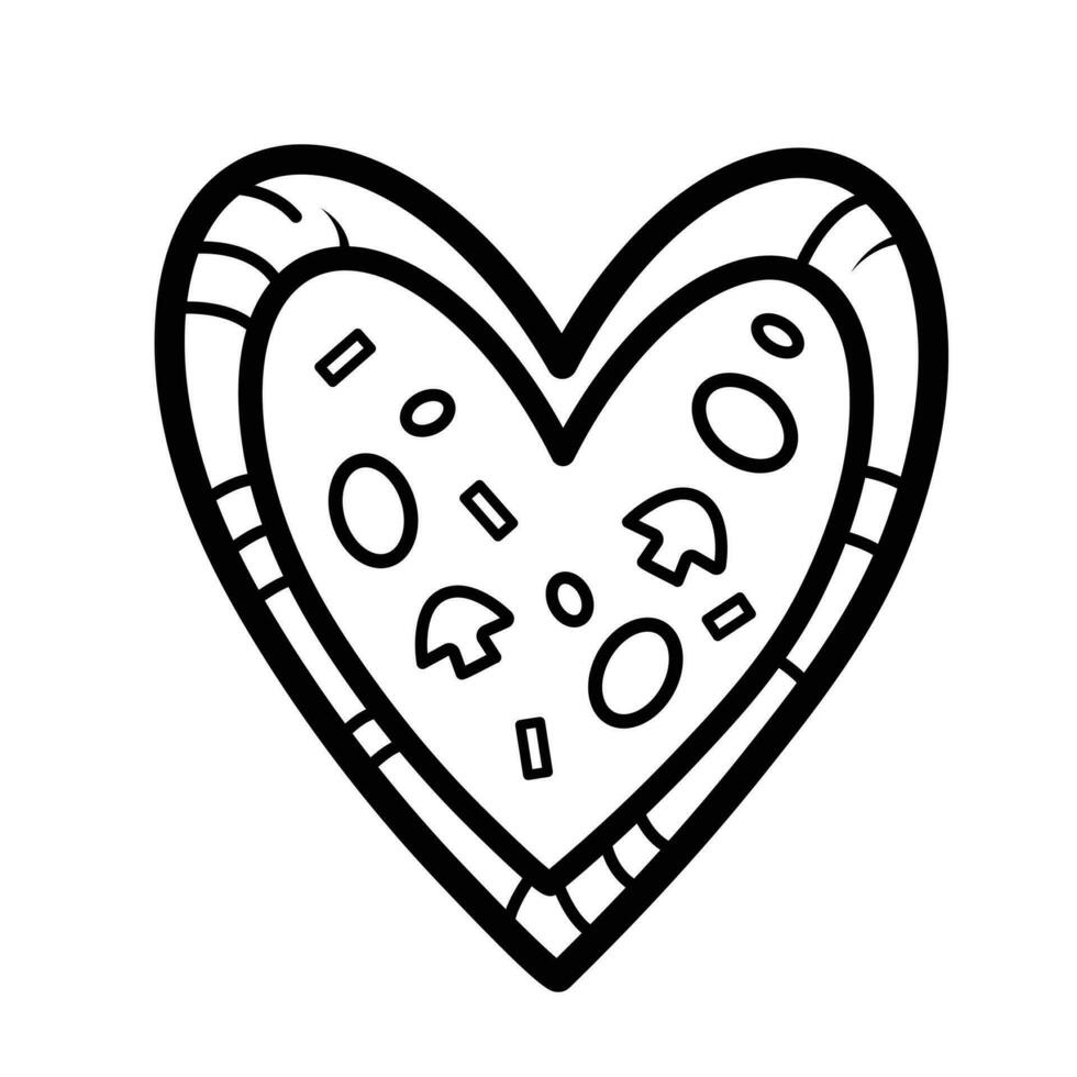 Heart shaped pizza vector illustration icon with black outline isolated on white square background. Simple flat minimalist art styled drawing with valentine and love theme.