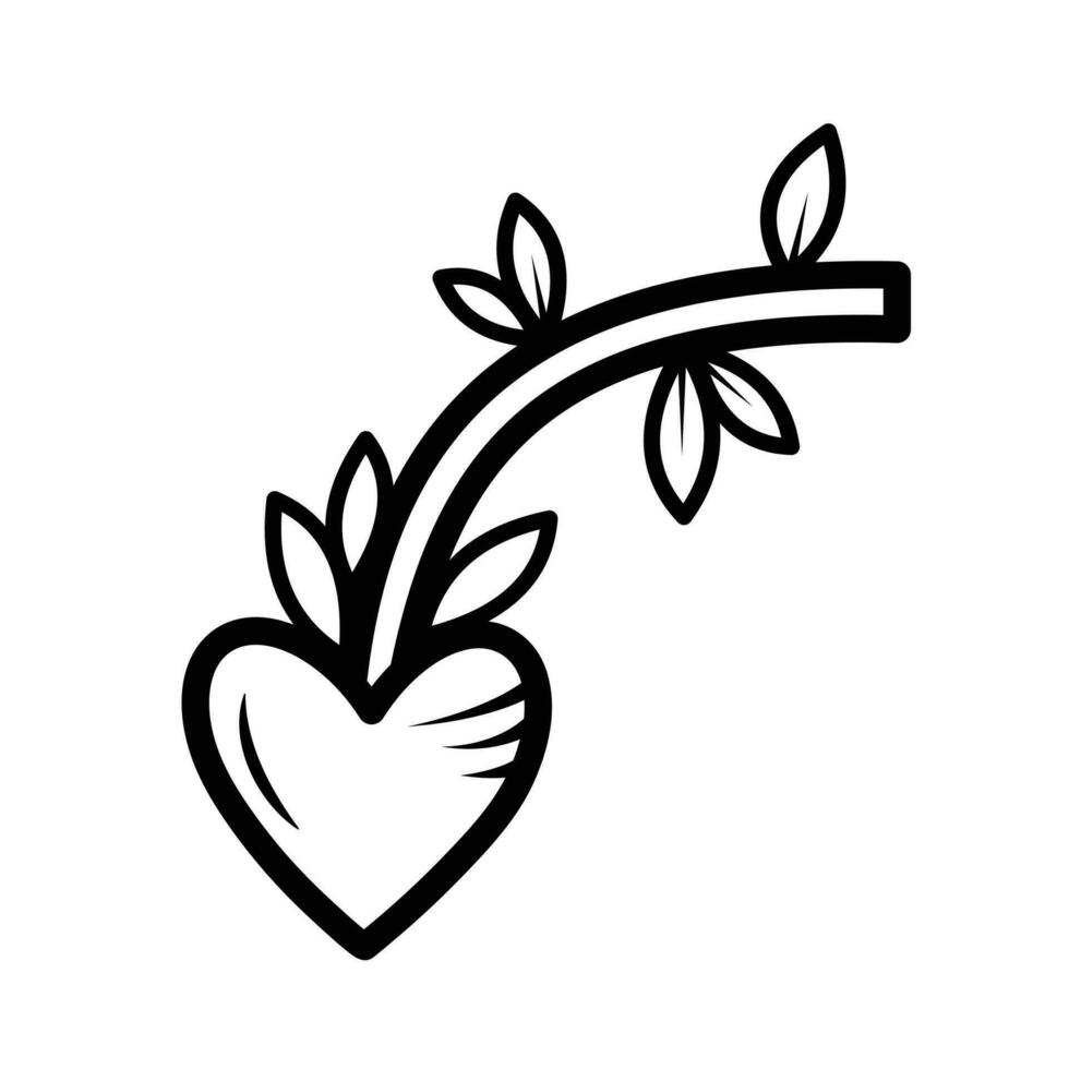 Heart shaped fruit with stem and leaves vector illustration icon with black outline isolated on white square background. Simple flat minimalist art styled drawing with valentine and love theme.