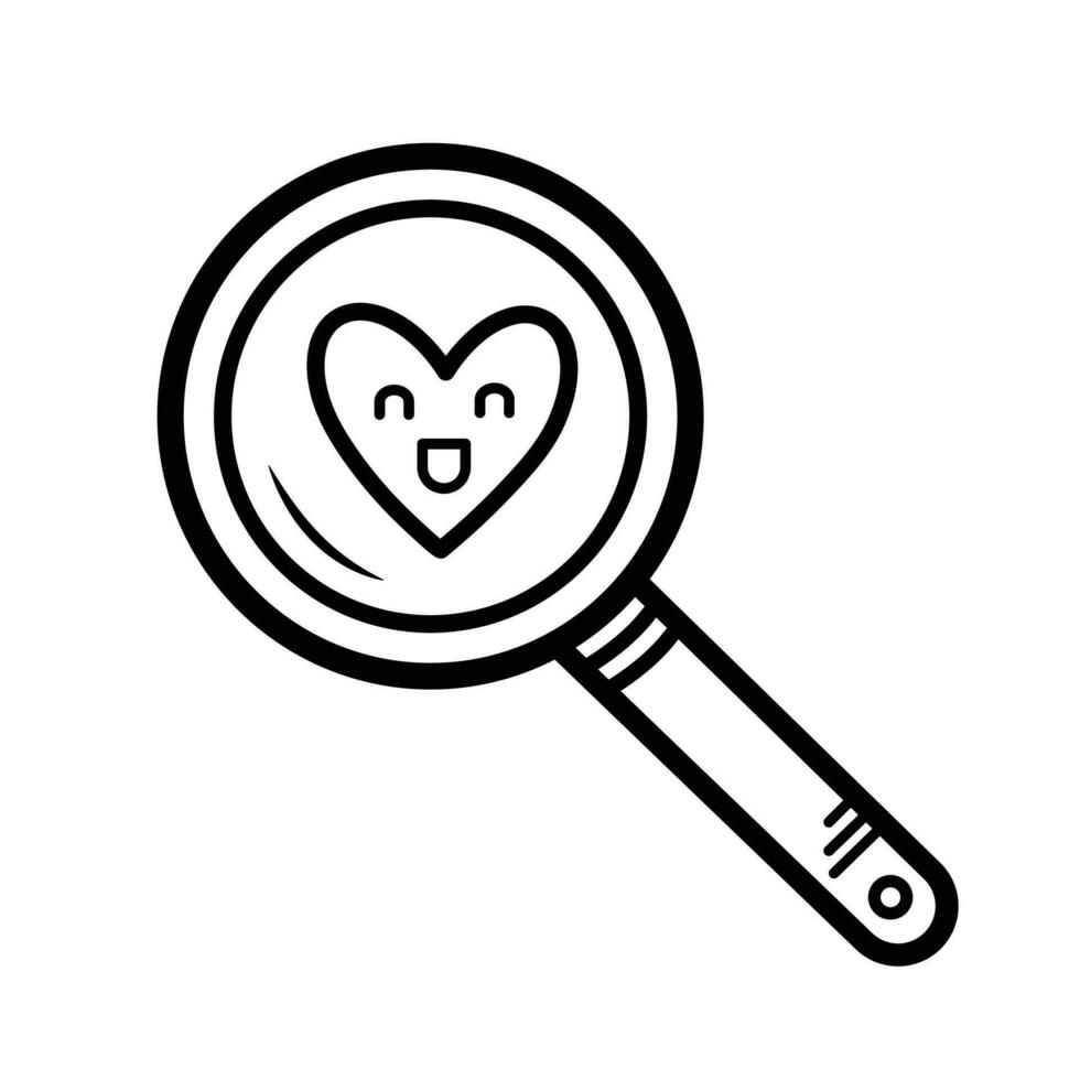 Finding love with magnifying glass vector illustration icon with black outline isolated on white square background. Simple flat minimalist art styled drawing with valentine and love theme.