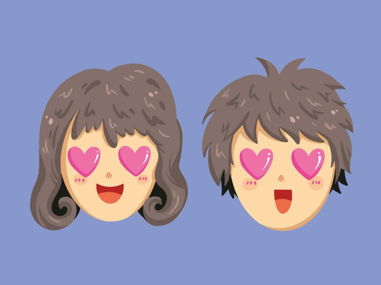 Girl and boy falling in love with heart eyes vector illustration isolated on horizontal blue background. Simple flat cartoon styled drawing. February valentine's day themed art.