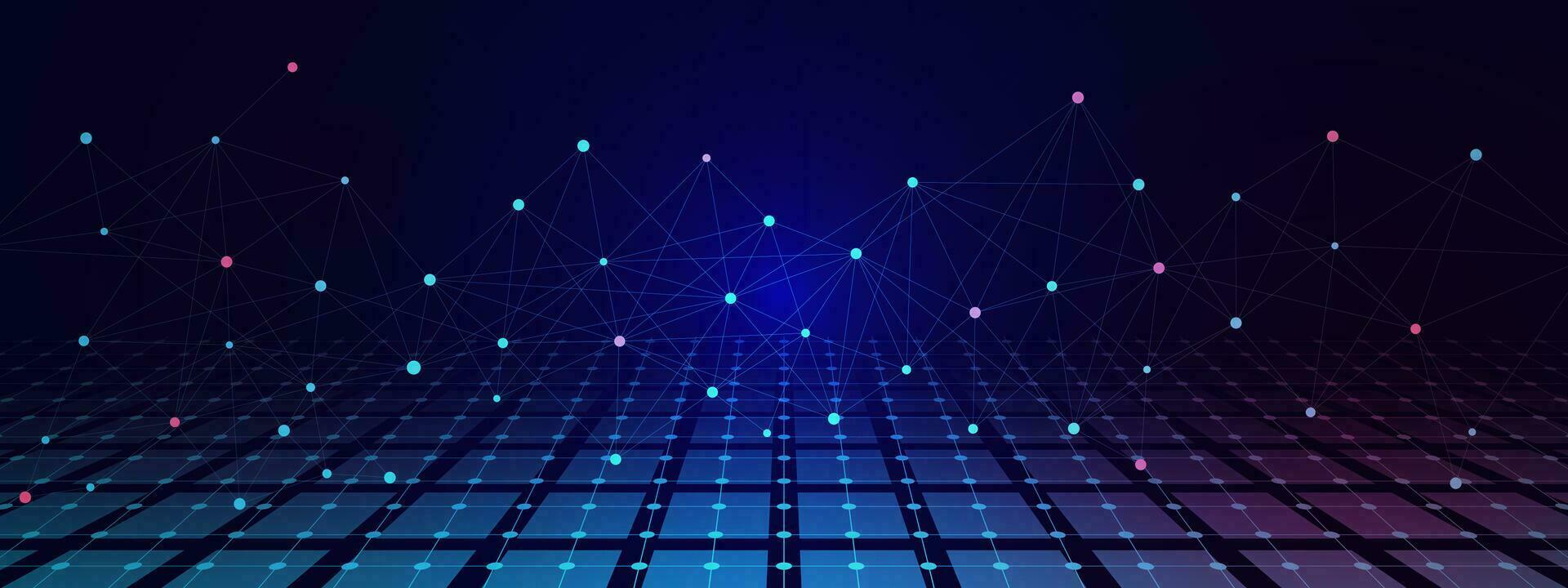 Abstract connecting dots and lines with perspective grid. Network connection, internet technology and science concept background. Vector illustration.