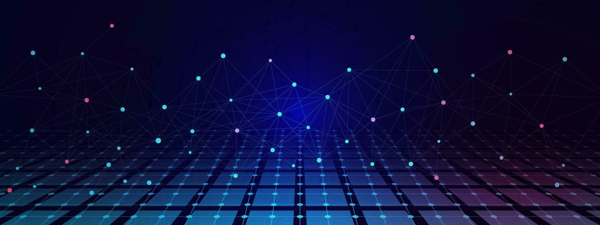 Abstract connecting dots and lines with perspective grid. Network connection, internet technology and science concept background. Vector illustration.