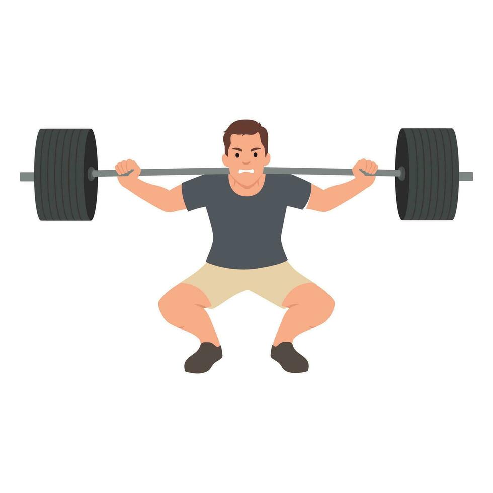 Man doing Barbell squat exercise with too much weights. Ego lifting concept. vector