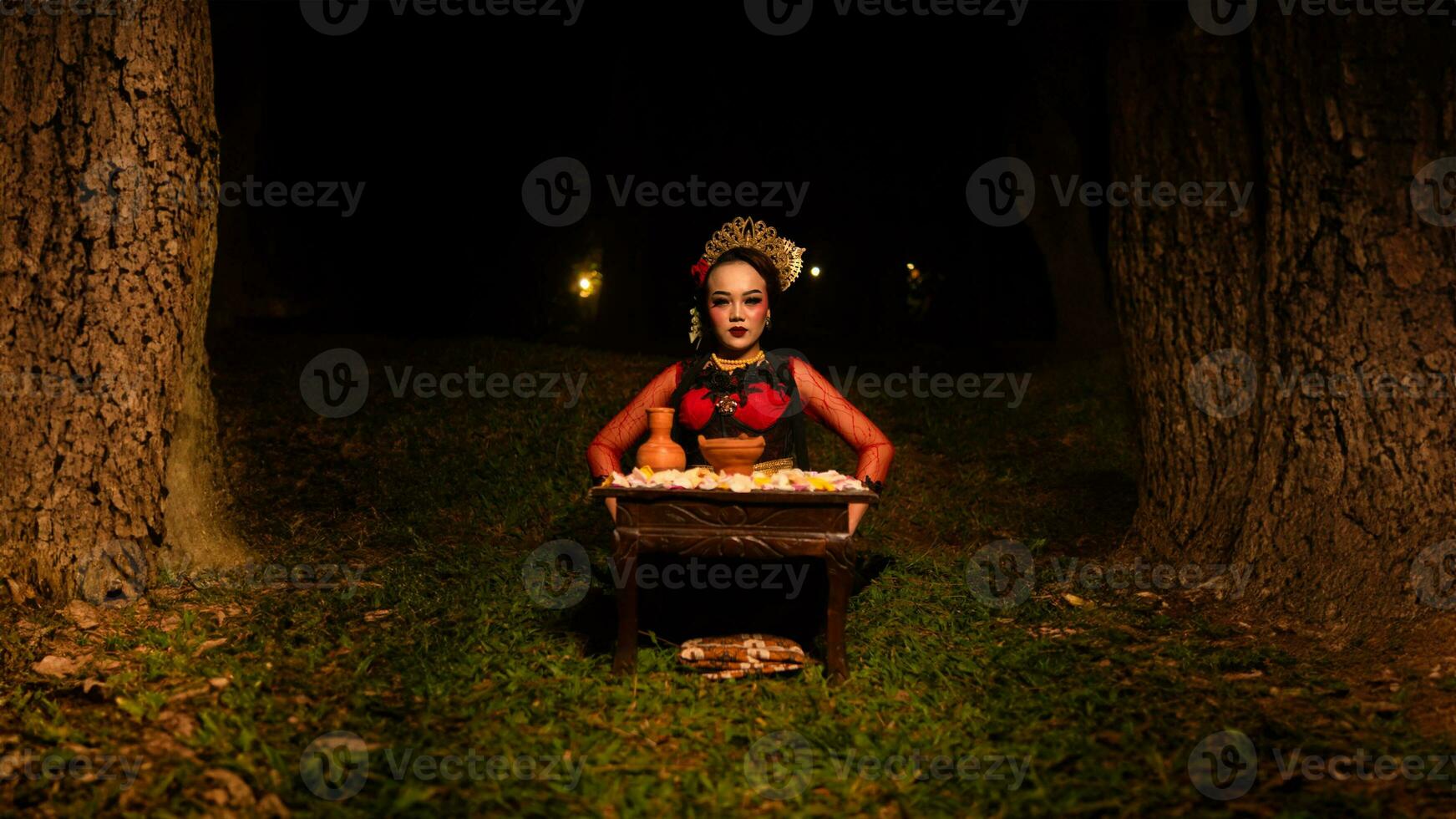 a female dancer looks focused on her ritual with a peaceful facial expression in front of offerings that look fresh and lively photo