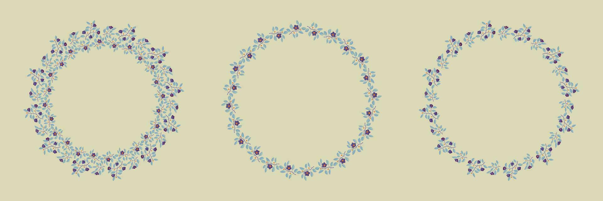 Set of floral isolated vector wreaths, branches with leaves and purple flowers on light grey