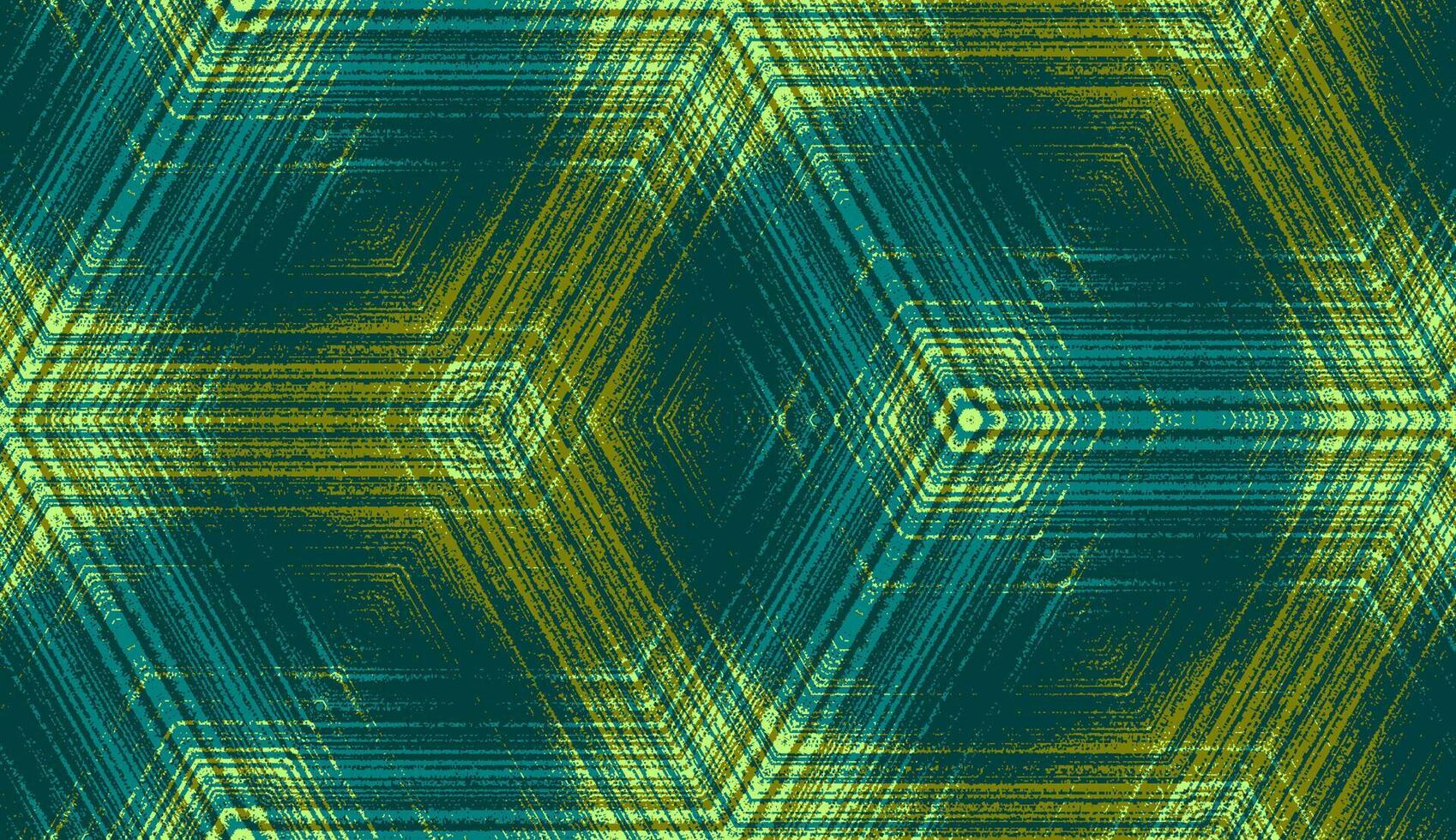 Symmetric abstract geometric ornament for wallpaper background design, textile printing, wrapping. Seamless hexagon concentric textured pattern in emerald, teal, olive green colors. vector