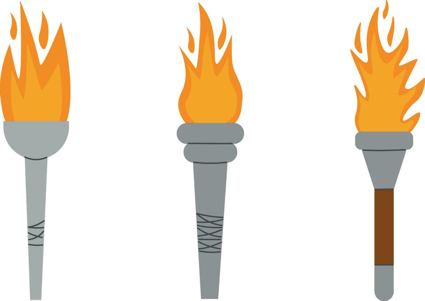 Vector torches with burning fire. Cartoon elements, flaming torch. Vector illustration, torch clipart