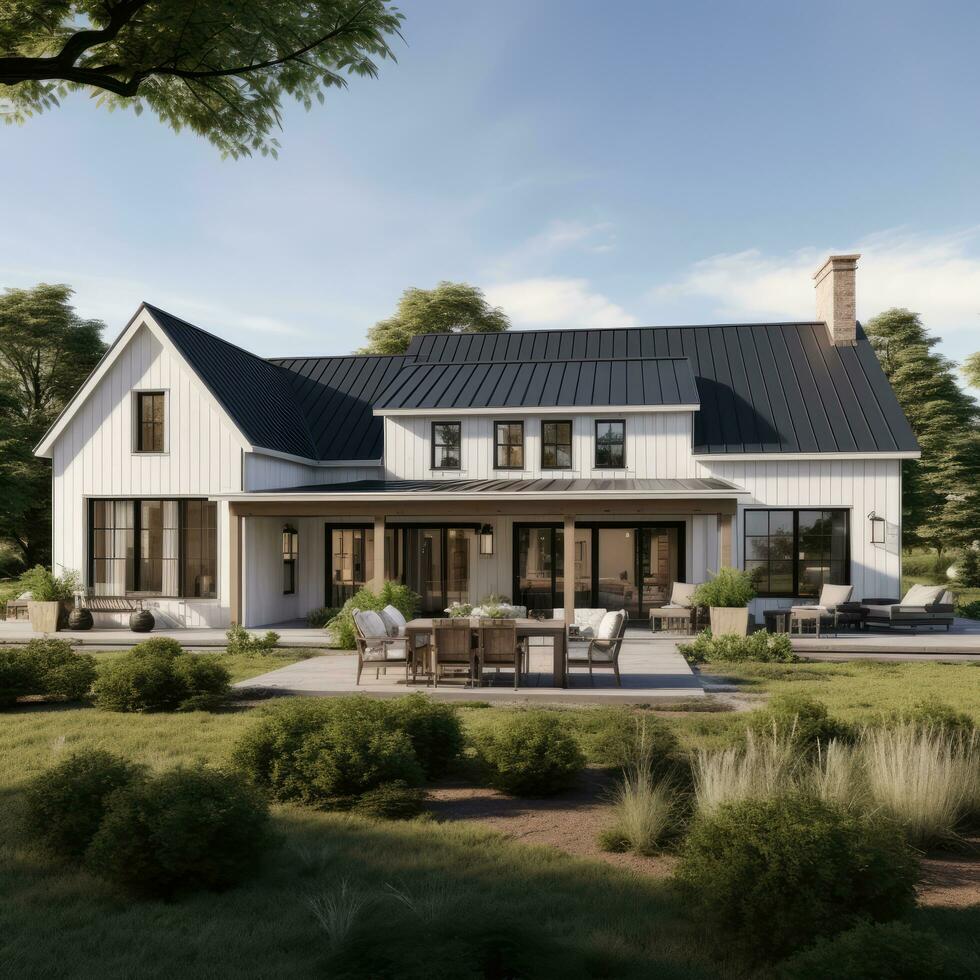 AI generated modern farm house with clean lines expansive windows photo