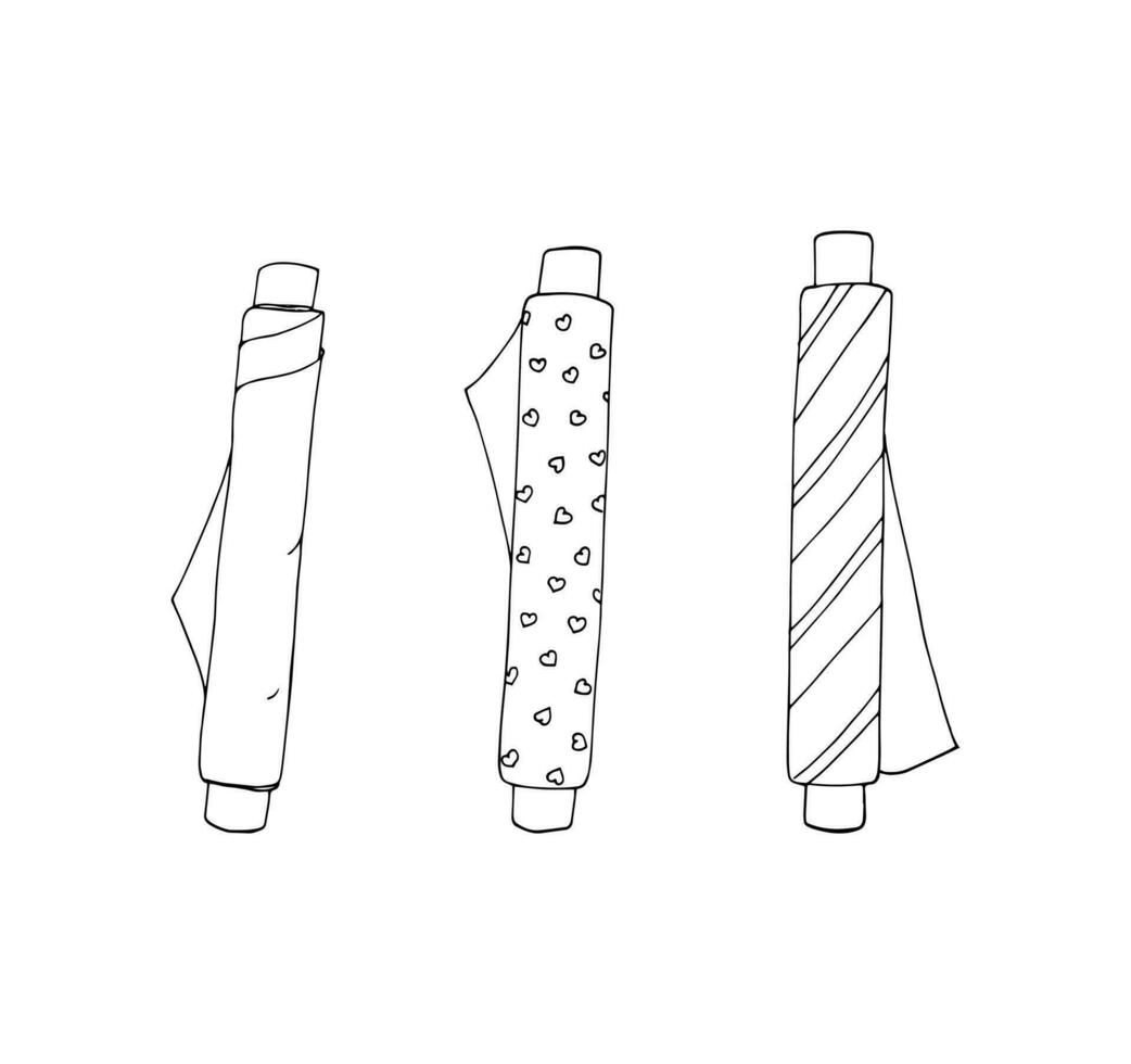 Hand-drawn set of fabric rolls. Sewing textile, and clothing production. Folded fabrics in line icon style, blanket, sheet. Fabric rolls are lying in the stack. vector