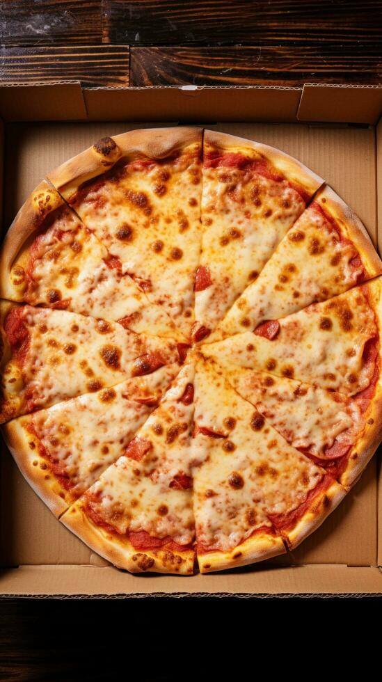 AI generated a pizza box filled with piping hot pizza, ready to be enjoyed at a party or gathering photo