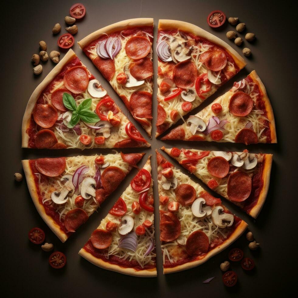 AI generated pizza slices arranged in a spiral pattern, emphasizing the symmetrical beauty of the pizza photo
